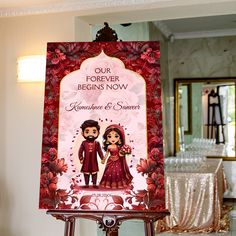 Maroon Indian wedding cute Indian bridal couple whimsical cartoon caricature Hindu wedding welcome sign board, Indian door arch frame pastel pink background maroon  flower border welcome sign board personalized entrance decor Indian Wedding Sign Board, Welcome Border Design Wedding, Entry Board For Wedding, Welcome Board Decoration Ideas Wedding, Wedding Entrance Board, Name Board For Wedding Entrance, Welcome Wedding Board, Reception Welcome Board, Engagement Welcome Board Ideas