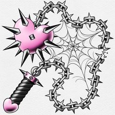 a drawing of a pink heart surrounded by barbed wire and a spooky hammer