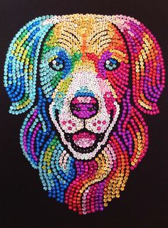 a dog made out of colorful beads on a black background with the image of a dog's face