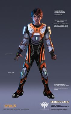 a man in an orange and black futuristic suit