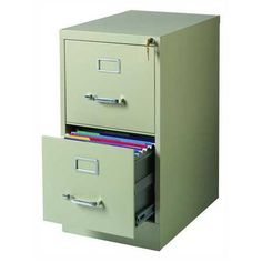 two file cabinets with one drawer open and the other closed