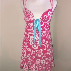 Pink Polka Dot Bathing Suit Coverup. Floral Design In White And Hot Pink/Bumble Gum Pink. Had Difficulty Showing True Color In The Photos. Empire Waist Is Stretchy And Ties In Center But The Ribbon Is Not Through The Stretch Band. Adjustable Straps. 95% Polyester, 5% Lycra. Made In The Usa Beach Polka Dot Dresses With Floral Print, Beach Dresses With Polka Dot And Floral Print, Polka Dot Floral Print Beach Dress, Polka Dot Bathing Suit, Bathing Suit Coverup, Sublimation Ideas Projects Inspiration, Coverup Dress, 2000s Clothes, Sublimation Ideas