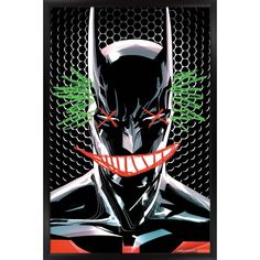 a batman poster with the joker's teeth and fangs on his face, as well as