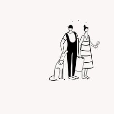 a black and white drawing of a man and woman holding hands with a dog on a leash