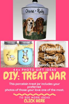 some jars with dogs on them and the words diy treat jar