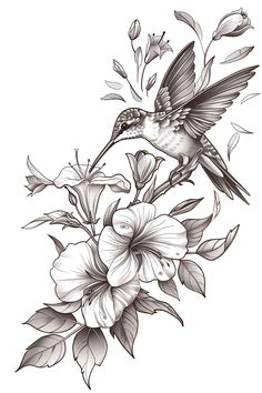 a black and white drawing of a hummingbird on flowers