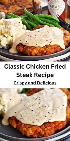 chicken fried steak recipe with gravy and delicious mashed potatoes on the side