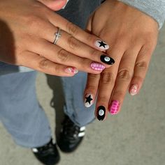 Cute Nail Square Designs, Nail Inspo Different Designs On Each Finger, Single Design Nails, Crazy Nail Inspiration, Trendy Funky Nails, Black With Color Nails, Nail Designs For Super Short Nails, Different Nails On Each Finger, Cute Unique Nail Ideas