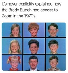 an advertisement for the brady bunch has many heads and smiles on it's screen