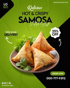 an advertisement for samosa is shown on a plate