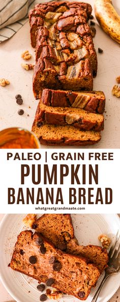 this palen pumpkin banana bread is made with whole bananas and chocolate chips on top