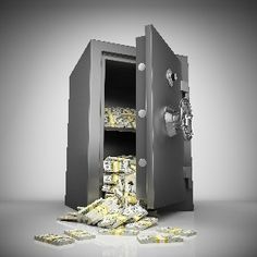 a bunch of money is coming out of a safe