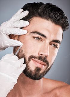 Premium Photo | Filler man and facial injection for skincare collagen and beauty clinic in studio plastic surgery face needle and male aesthetic for body transformation cosmetics change and botox on background Botox For Men, Face Injections, Extreme Plastic Surgery, Facial Injections, Botox Facial, Male Aesthetic, Facial Surgery, Hydra Facial, Celebrity Plastic Surgery