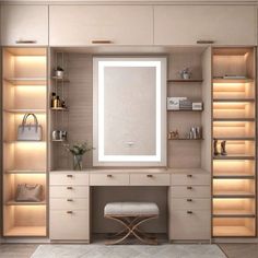 a dressing room with lighted shelves, mirror and bench in the corner next to it