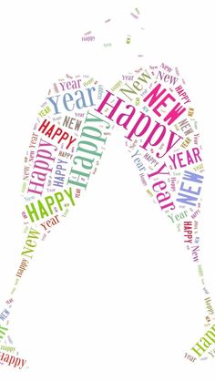 the word happy new year is made up of words in different colors and sizes, including letters