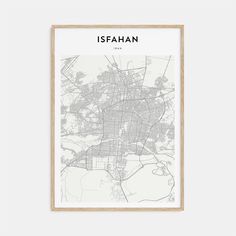 a framed map of isffahan in white and black