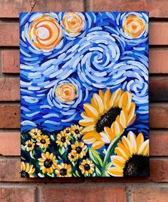 a painting on a brick wall with sunflowers