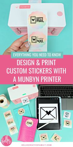 a person holding a sticker with the words, everything you need to know design and print custom stickers with a munnyn printer