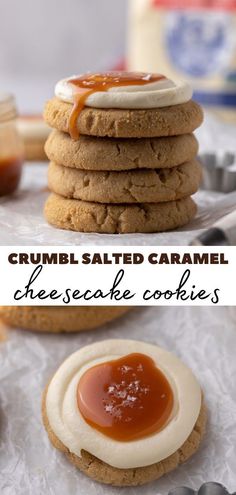 some cookies are stacked on top of each other with caramel sauce in the middle