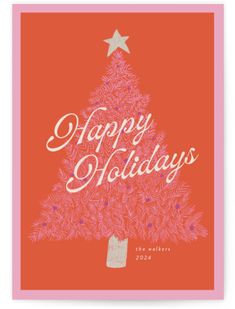 a pink christmas card with the words happy holidays on it and a tree in front