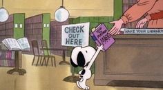 a cartoon dog reaching for a sign that reads check out here have your library written on it