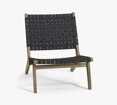 a wooden chair with black woven seat padding and wood frame, viewed from the front