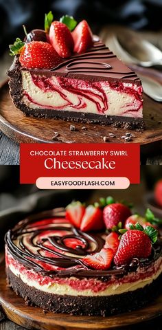 chocolate strawberry swirl cheesecake with strawberries on top