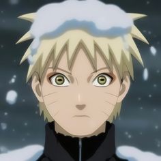 an anime character with blonde hair and green eyes in the snow looking at the camera