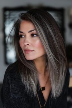 Natural Dark Hair, Long Grey Hair, Gray Balayage, Rambut Brunette, Grey Hair Transformation, Grey Highlights, Grey Hair Inspiration, Silver Highlights, Black Hair With Highlights