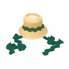 Straw hat with long green ric rac ribbon S Waves, Pool Play, S Wave, Bow Women, Bike Rides, Swimming Bathing Suits, Green Girl, Women's Headwear, Boy Accessories