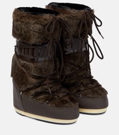 Icon Faux Fur Trimmed Snow Boots in Brown - Moon Boot | Mytheresa Brown Moon Boots Outfit, Fluffy Moon Boots, Brown Moon Boots, Moon Boots Fur, Furr Boots, Fur Moon Boots, Alpine Fashion, Russian Boots, Moon Boots Outfit