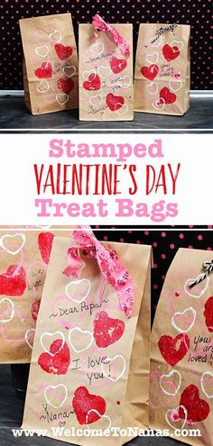 valentine's day treat bags with hearts on them and the words, stamped valentine's day treat bags