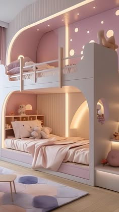 a bedroom with bunk beds and lights on the ceiling is decorated in pastel colors