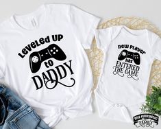 Leveled up to daddy - new player has entered the game! This funny matching daddy and me shirt set is perfect for new dad and new baby! Perfect humor gaming dad gift, and a great funny gift for pregnancy announcements. Funny Matching Daddy And Me Shirts, Leveled Up To Daddy, Gaming Dad, Daddy To Be 2022, New Dad New Baby Gift 2022, Funny Dad And Baby Outfit Check out our full collection of awesome here: https://www.etsy.com/shop/MyFuntasticFamily HOW TO ORDER: All shirts are added individually to Nephew Shirts, Future Parents, Aunt Niece, Funny Matching, New Aunt, Pregnancy Announcements, Uncle Gifts, Outfit Check, Family Tees