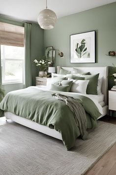 a bedroom with green walls and white bedding