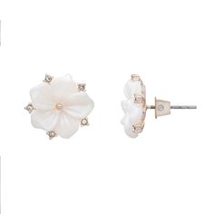 Add a stunning and floral touch to your look with these beautiful button earrings. Add a stunning and floral touch to your look with these beautiful button earrings. Length: 10 mm Backings: post Metal: brass Plating: rose gold tone Finish: polished Material: acrylic, glass Nickel free Not appropriate for children 14 years old and younger. Size: One Size. Color: Multicolor. Gender: female. Age Group: adult. White Rose Earrings, White Flower Earrings, Earrings Outfit, White Flower Earring, Post Metal, Ideal Wardrobe, Chic Flowers, Flower Pendant Necklace, Button Earrings