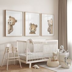 a baby's room with three pictures on the wall and two teddy bears in the crib