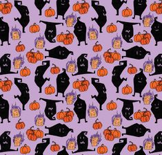 a purple background with black cats and pumpkins