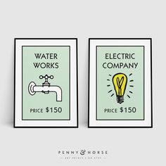 two posters with the words water works and electric company price $ 150