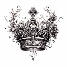 a black and white drawing of a crown with flowers on the front, surrounded by leaves