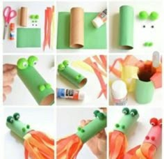 the instructions for making toilet paper animals are shown in several different ways, including roll and glue