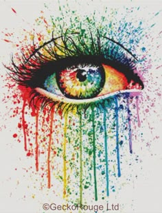 an eye with colorful paint splatters on it's face and the words, i