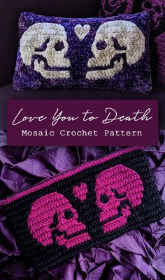 Mosaic crochet pattern "Love You To Death" now available! This pattern includes 4 different charts for creating the full skulls and heart motif, side skulls in rows, or all hearts. Includes instructions for creating a bag or patch, but you can use the charts to create pillows and much more! Great for Valentine's day or anniversary gifts! #mosaiccrochet #sixeldesign #loveyoutodeath #skullcrochet #uniquecrochet #gothcrochet #gothstyle #crochetpattern #crochet #skulls #hearts Skull Pillow Crochet Pattern, Skull Mosaic Crochet, Knitted Skull Pattern, Anniversary Crochet Gift Ideas, Crochet Anniversary Gift For Him, Crochet For Boyfriend Diy Gifts, Crochet Skull Bag, Gothic Crochet Patterns, Skull Granny Square Pattern