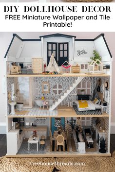 a doll house with text overlay that says diy dollhouse decor free miniature wallpaper and tile printable