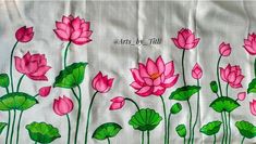 pink flowers and green leaves painted on a white cloth with words written in black ink