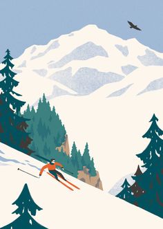 a man riding skis down the side of a snow covered slope next to trees