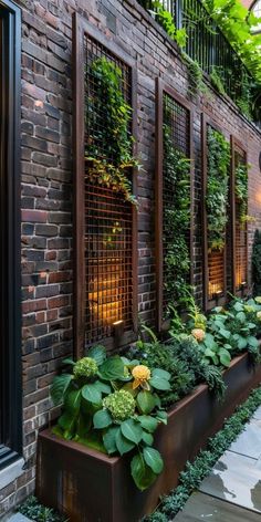 a row of windows with plants growing on the side of them in front of a brick building