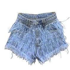 Rhinestones Ostrich Feathers Denim Shorts Has Stretch Cut A Little Small Recommend Size Up Feather Shorts, Lady Sings The Blues, High Waist Short, Streetwear Mode, Tassels Fashion, Ostrich Feather, Blue Feather, Feather Design, Shorts For Women