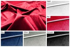 several colors of velvet fabric with different patterns