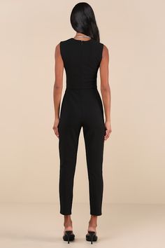 With a chic blazer, leather jacket, or coat, there's no end to how you could style the Lulus Enticing Endeavors Black Slim Leg Jumpsuit! This sleeveless jumpsuit is made from lightly textured crepe knit that shapes wide tank straps, a squared-off neckline, and a princess-seamed bodice. A high, fitted waist sits atop tapered, slim pant legs that end at ankle-length hems. Hidden back zipper/clasp. Fit: This garment fits true to size. Length: Ankle length. Size medium measures 54.50" from shoulder Chic Blazer, Chic Leather, Adhesive Bra, Sleeveless Jumpsuits, Slim Leg, Slim Pants, Strapless Bra, Slim Legs, Ankle Length